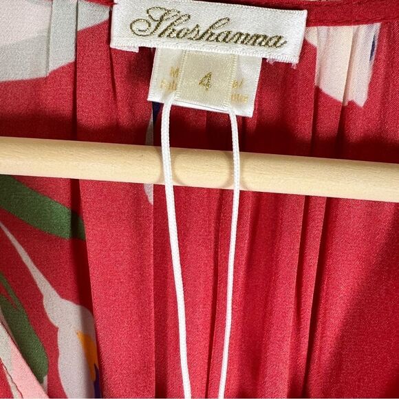 Shoshanna Emanuela Floral Smocked Waist Midi Dress Red Long Sleeve V-Neck 4 NWT - Picture 13 of 16